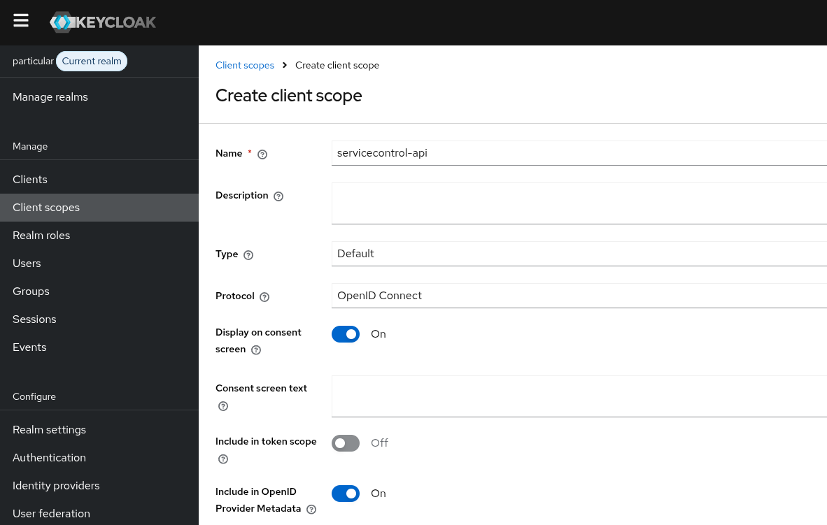 The 'servicecontrol-api' scope created with Type = Default.