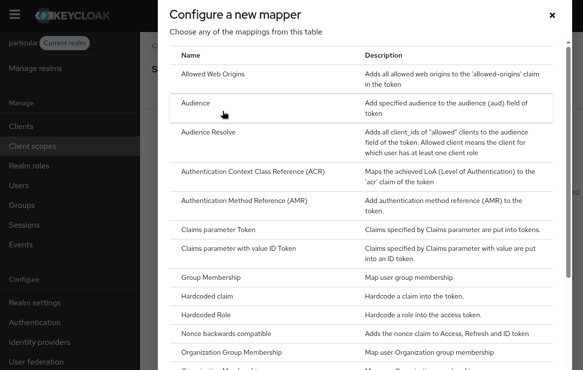 The audience mapper on the servicecontrol-api scope, with 'Included Custom Audience = servicecontrol-api' and 'Add to access token' enabled.