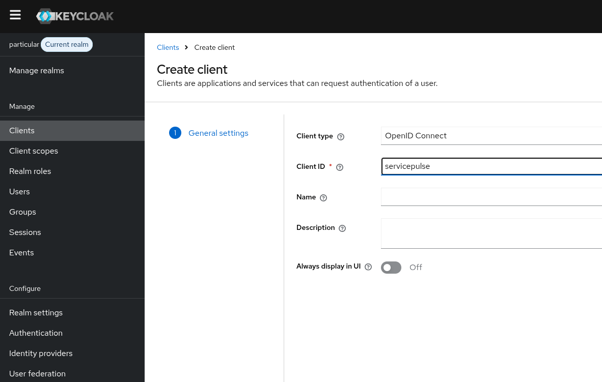 Step 1 of creating the servicepulse client: OpenID Connect, ID = servicepulse.