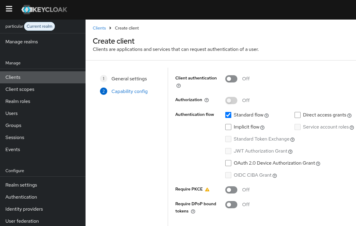 Step 2: Client authentication off, Standard flow on.