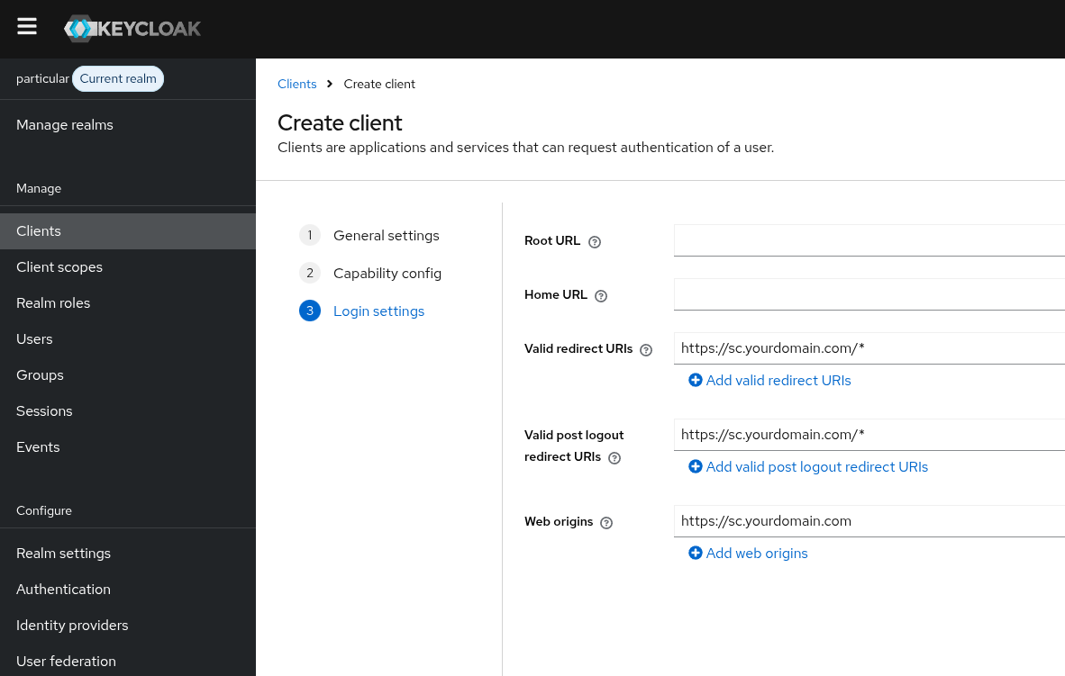 Step 3: Valid redirect URIs and Web origins pointed at sc.<yourdomain>.