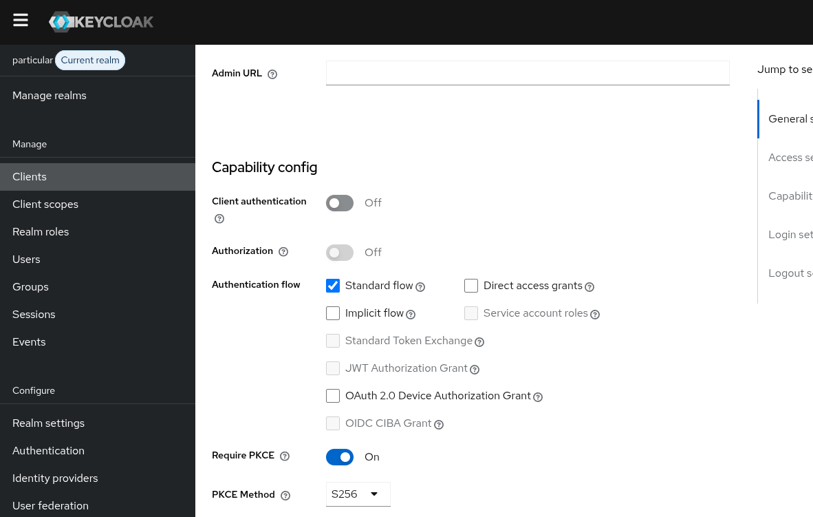 Require PKCE switched on, PKCE Method set to S256.