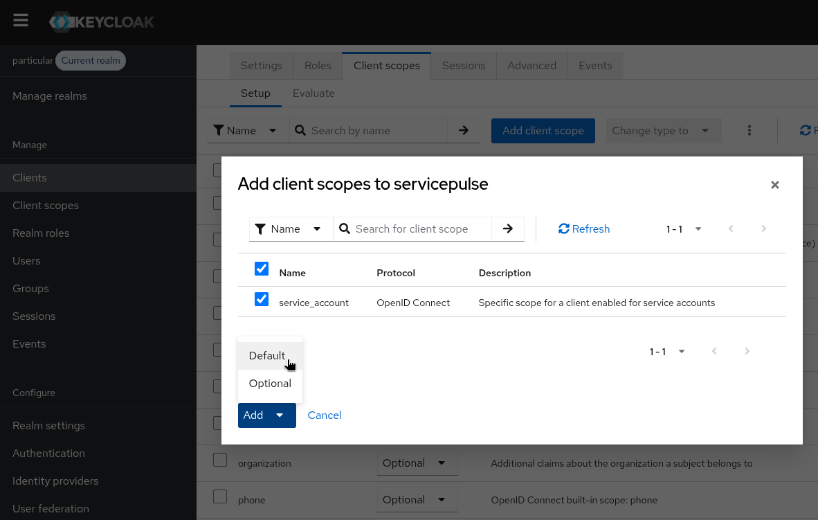 The servicecontrol-api scope assigned to the client as Default.