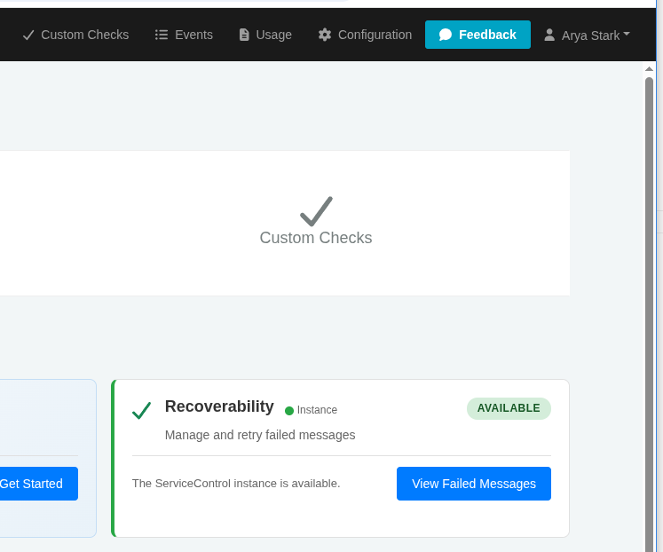 ServicePulse dashboard after login, with the test user's name in the header.