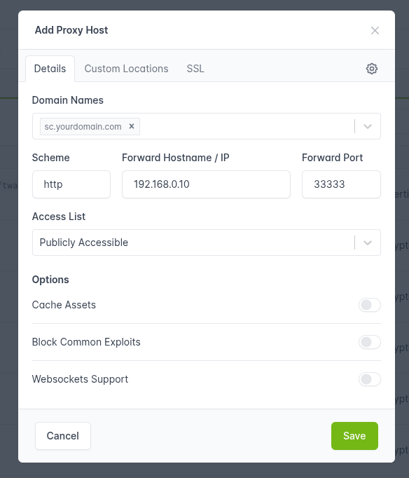 Nginx Proxy Manager host for sc.<yourdomain>, forwarding HTTP to the Docker host on port 33333.