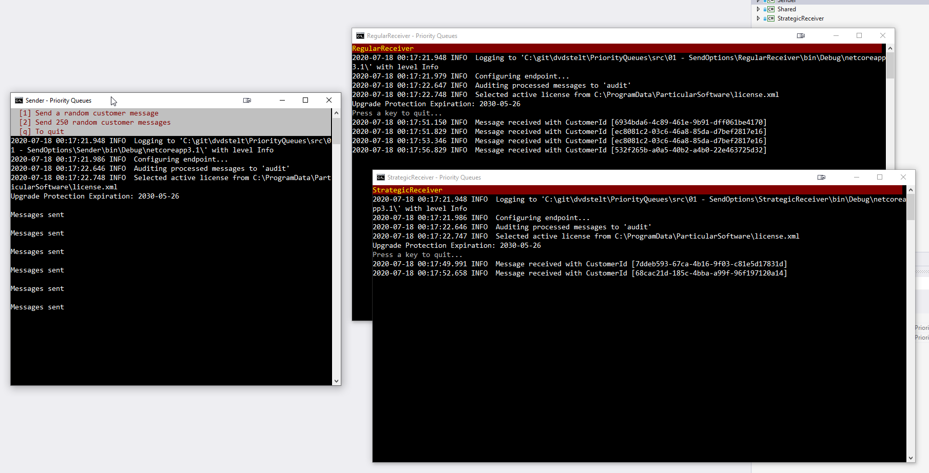 The 3 console windows showing logging output for each.